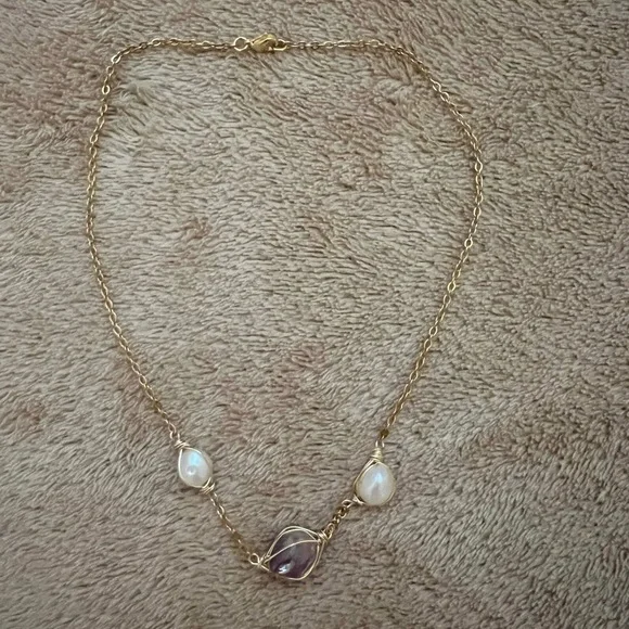 🌊Custom Aura Amethyst & Pearl Choker (15") - Picture 3 of 14